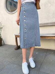 DAZY Women's Casual Long Button Decorated Denim Midi Skirt - Medium Wash - View 4