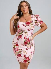 SHEIN Clasi Plus Floral Print Square Neck Puff Sleeve Bodycon Dress - Multicolor - View 5