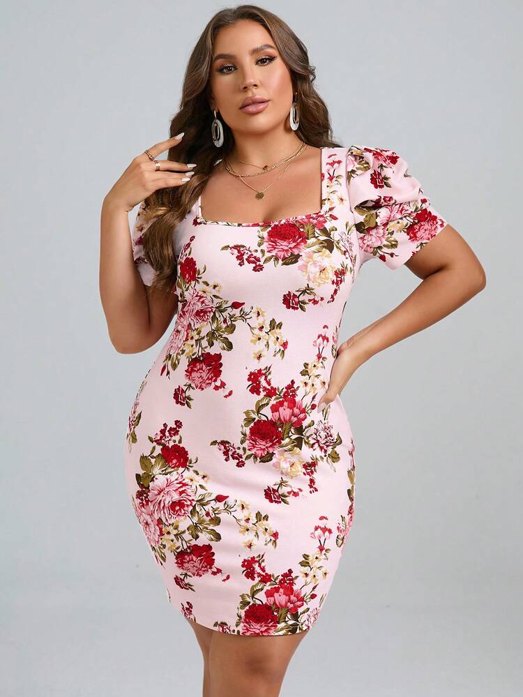 SHEIN Clasi 大碼印花方領泡泡袖緊身洋裝 - 彩色 - 查看 5
