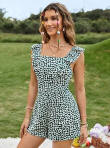 Soleia Ditsy Floral Tie Backless Ruffle Trim Romper - Multicolor - View 4