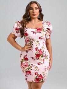 SHEIN Clasi Plus Floral Print Square Neck Puff Sleeve Bodycon Dress - Multicolor - View 6
