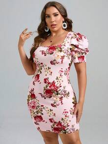 SHEIN Clasi Plus Floral Print Square Neck Puff Sleeve Bodycon Dress - Multicolor - View 7