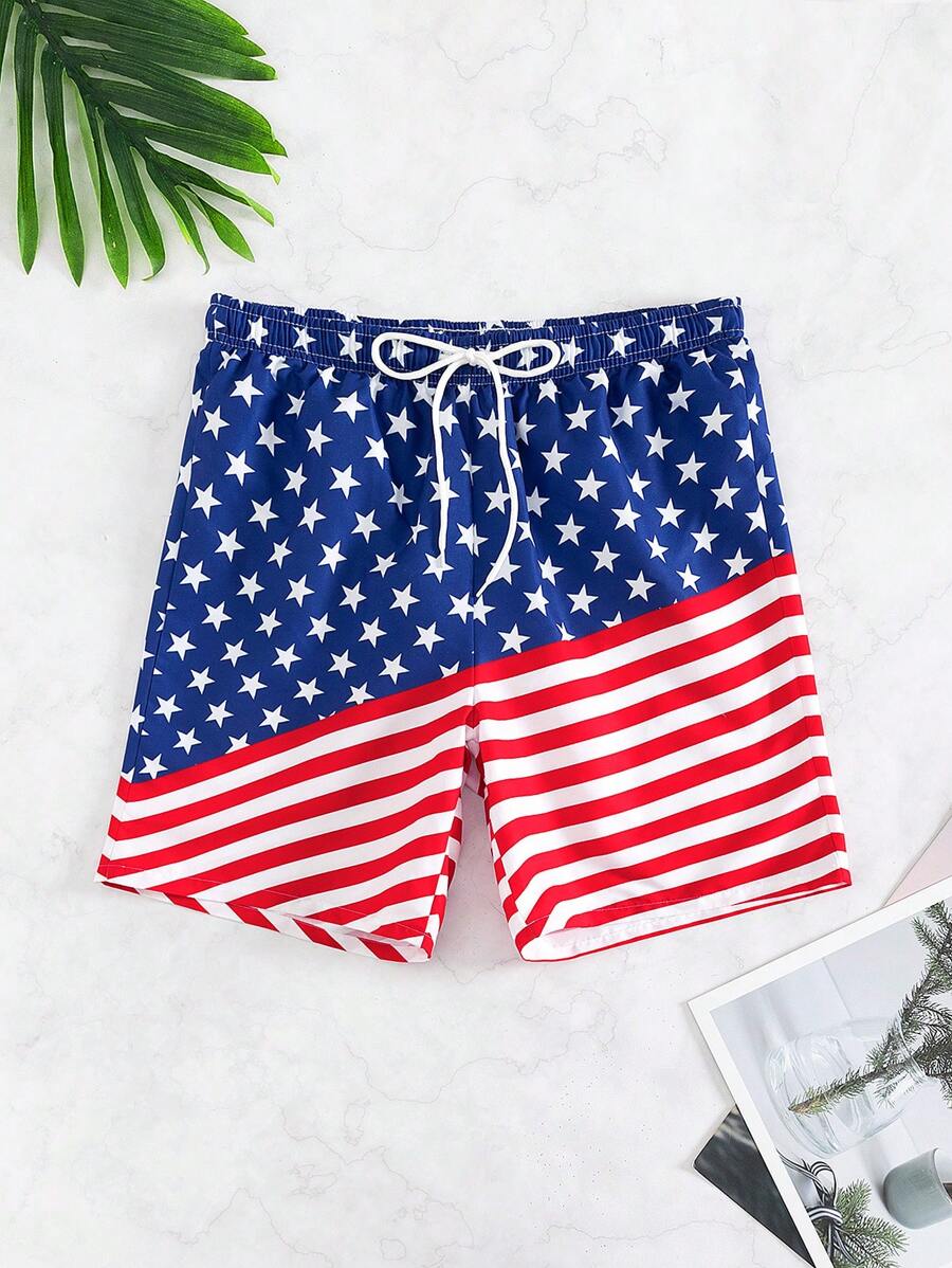 Manfinity Men Americana Print Drawstring Waist Swim Trunks - Multicolor - View 1