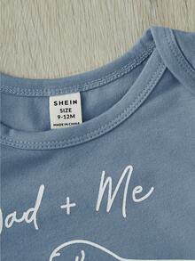 SHEIN Đứa bé trai Đồ họa chữ và số Áo liền quần chặt - Màu xanh bụi bặm - Xem 4