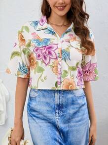 Aveloria 印花翻蓋細節落肩袖襯衫