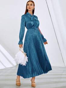 Mulvari 豹紋提花繫帶領荷葉袖百褶下擺連衣裙 - 霧霾藍 - 查看 1