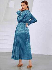 Mulvari 豹紋提花繫帶領荷葉袖百褶下擺連衣裙 - 霧霾藍 - 查看 2