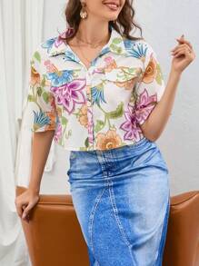 Aveloria 印花翻蓋細節落肩袖襯衫