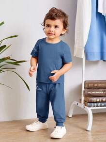 SHEIN Leap Crew Đứa bé trai In Khẩu hiệu Áo thun Và Quần thể thao  Đơn giản giản dị Cho mùa hè - Màu xanh bụi bặm - Xem 5