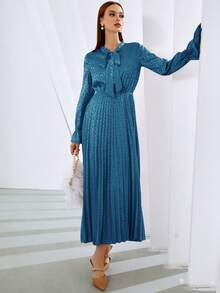 Mulvari 豹紋提花繫帶領荷葉袖百褶下擺連衣裙 - 霧霾藍 - 查看 4