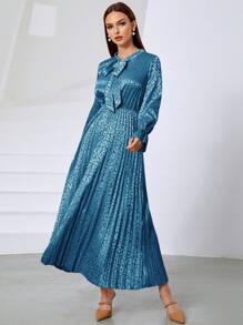 Mulvari 豹紋提花繫帶領荷葉袖百褶下擺連衣裙 - 霧霾藍 - 查看 6