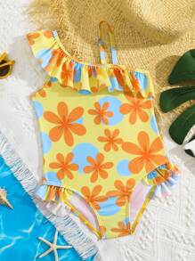 Toddler Girls Floral Print Ruffle Trim One Piece Swimsuit - Multicolor - View 1