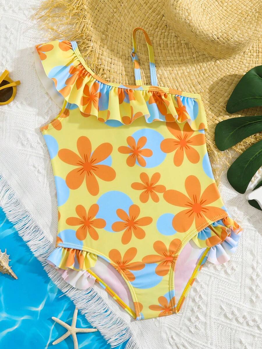 Toddler Girls Floral Print Ruffle Trim One Piece Swimsuit - Multicolor - View 1