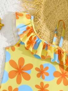 Toddler Girls Floral Print Ruffle Trim One Piece Swimsuit - Multicolor - View 3