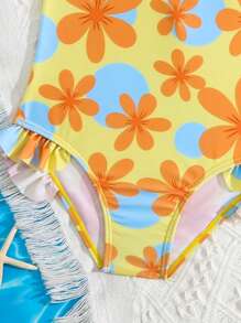 Toddler Girls Floral Print Ruffle Trim One Piece Swimsuit - Multicolor - View 4