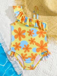 Toddler Girls Floral Print Ruffle Trim One Piece Swimsuit - Multicolor - View 5