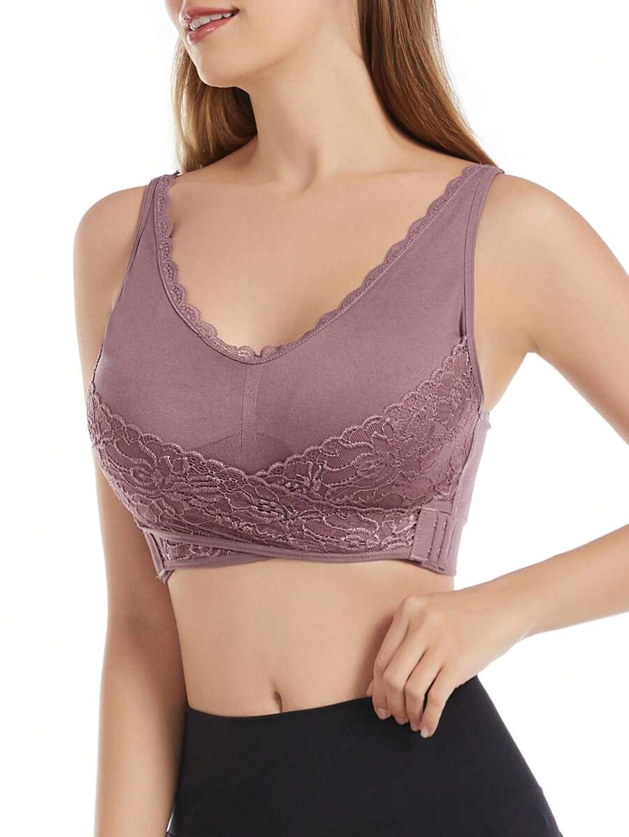 Contrast Lace Wireless Bra - Dusty Purple - View 1