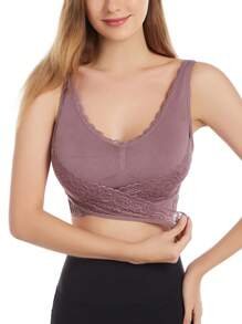 Contrast Lace Wireless Bra - Dusty Purple - View 3