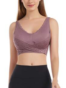 Contrast Lace Wireless Bra - Dusty Purple - View 5