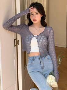 DAZY Áo nữ Xù nhỏ cắt Thắt nơ trước màu trơn Giải trí - Bụi tím - Xem 4