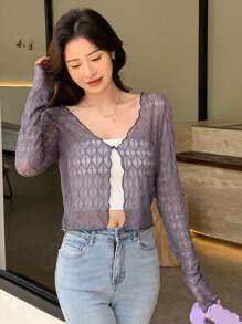 DAZY Áo nữ Xù nhỏ cắt Thắt nơ trước màu trơn Giải trí - Bụi tím - Xem 7