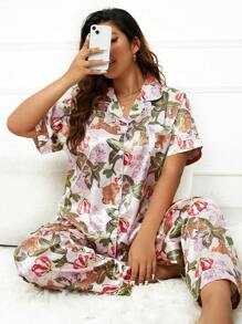 Plus Floral & Leopard Print Satin PJ Set - Multicolor - View 1