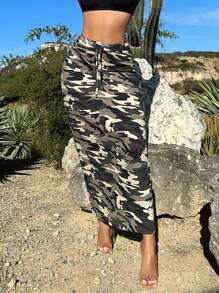 SHEIN SXY Camo Print Drawstring Waist Denim Skirt - Multicolor - View 1