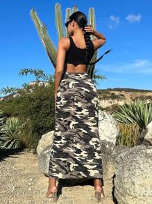 SHEIN SXY Camo Print Drawstring Waist Denim Skirt - Multicolor - View 2