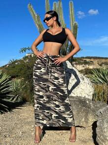 SHEIN SXY Camo Print Drawstring Waist Denim Skirt - Multicolor - View 3