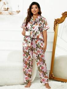 Plus Floral & Leopard Print Satin PJ Set - Multicolor - View 6