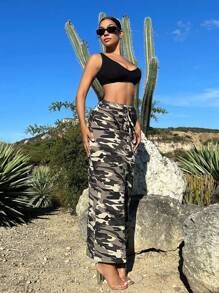 SHEIN SXY Camo Print Drawstring Waist Denim Skirt - Multicolor - View 4