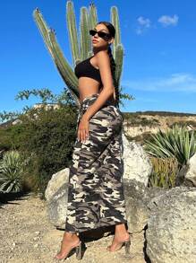 SHEIN SXY Camo Print Drawstring Waist Denim Skirt - Multicolor - View 5