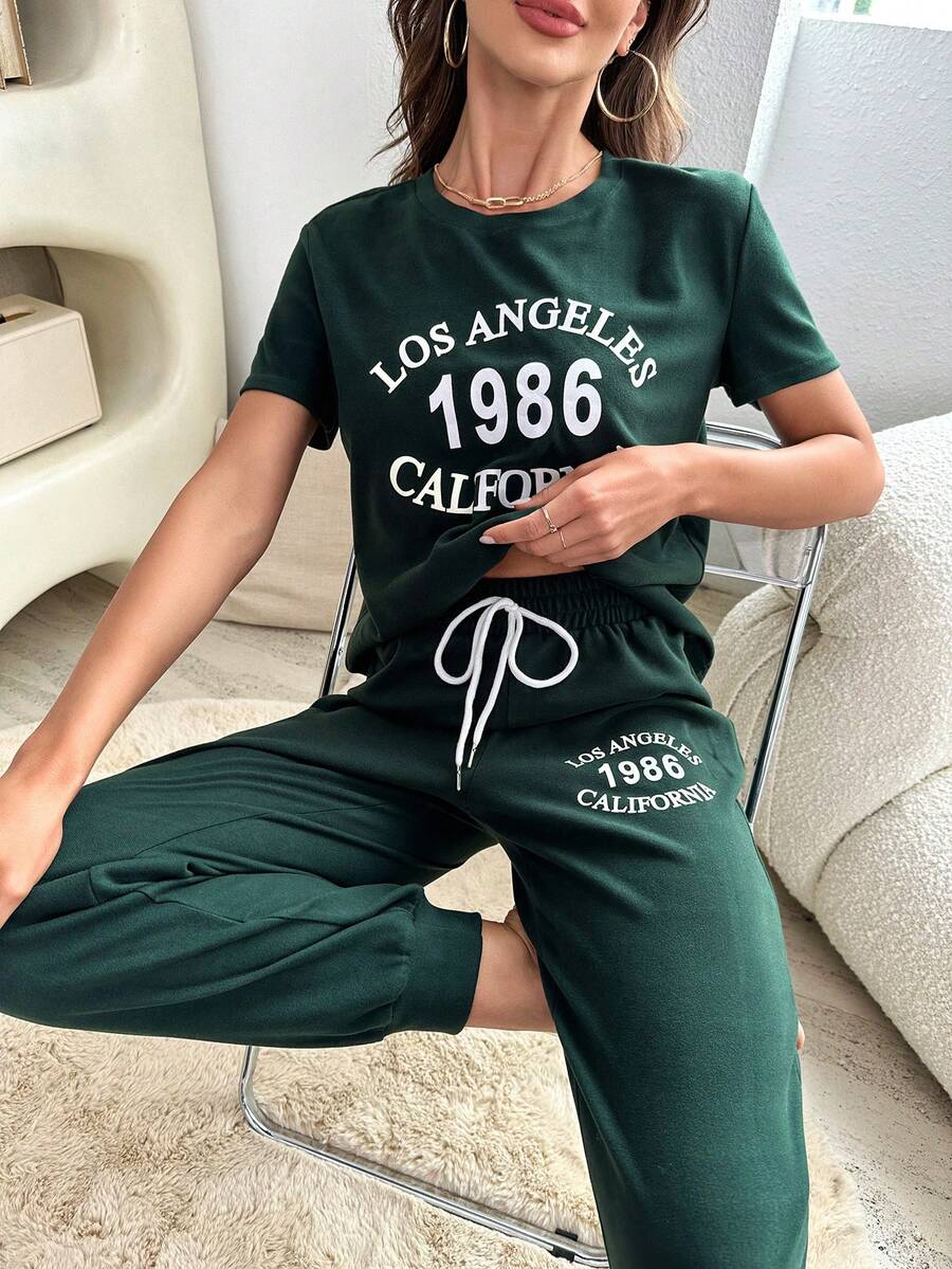 Slogan Graphic Tie Waist Lounge Set - Dark Green - View 1