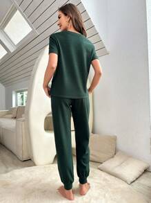 Slogan Graphic Tie Waist Lounge Set - Dark Green - View 2