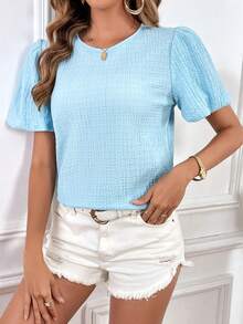 SHEIN Privé Blusa unicolor de manga farol - Celeste - Ver 4