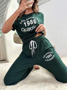 Slogan Graphic Tie Waist Lounge Set - Dark Green - View 5
