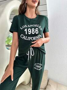 Slogan Graphic Tie Waist Lounge Set - Dark Green - View 6
