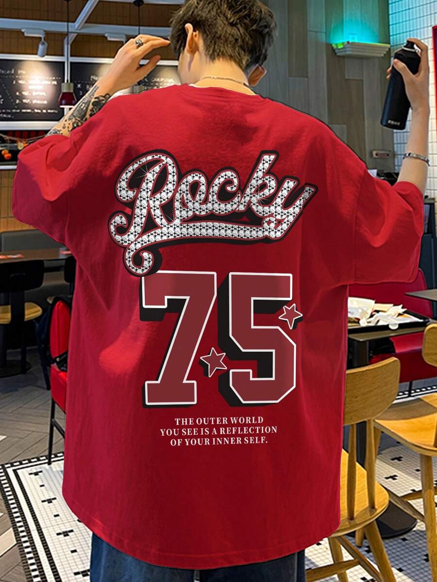 Aesthetic Post--Men Slogan Graphic Drop Shoulder Tee - Red - View 1