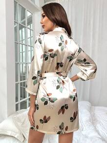 Floral Print Belted Satin Robe - Beige - View 2