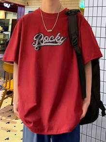 Aesthetic Post--Men Slogan Graphic Drop Shoulder Tee - Red - View 2