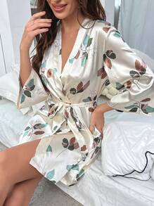 Floral Print Belted Satin Robe - Beige - View 3
