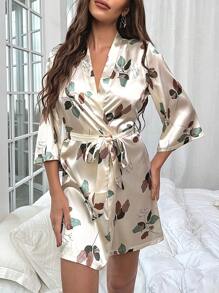 Floral Print Belted Satin Robe - Beige - View 4