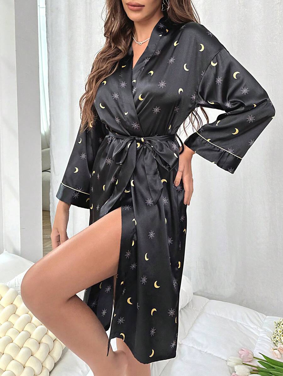 Bata con estampado de luna y estrella ribete en contraste con cinturón de satén - Negro - Ver 1