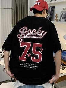 Manfinity Campus Court 男士標語圖案落肩T恤 - 黑色 - 查看 1