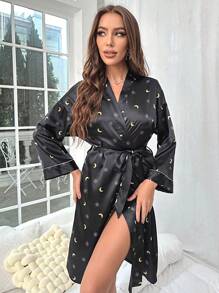 Bata con estampado de luna y estrella ribete en contraste con cinturón de satén - Negro - Ver 3