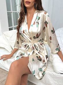 Floral Print Belted Satin Robe - Beige - View 6