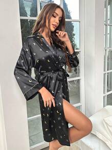 Bata con estampado de luna y estrella ribete en contraste con cinturón de satén - Negro - Ver 4