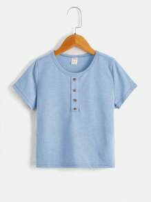 SHEIN Tops con trai lớn Nút phía trước màu trơn Giải trí - Màu xanh nhạt - Xem 1