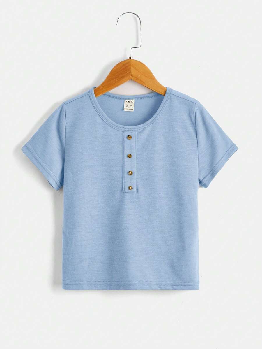 SHEIN Tops con trai lớn Nút phía trước màu trơn Giải trí - Màu xanh nhạt - Xem 1