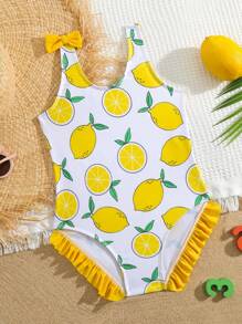 Toddler Girls Lemon Print Ruffle Trim Bow Shoulder One Piece Swimsuit - Multicolor - View 1